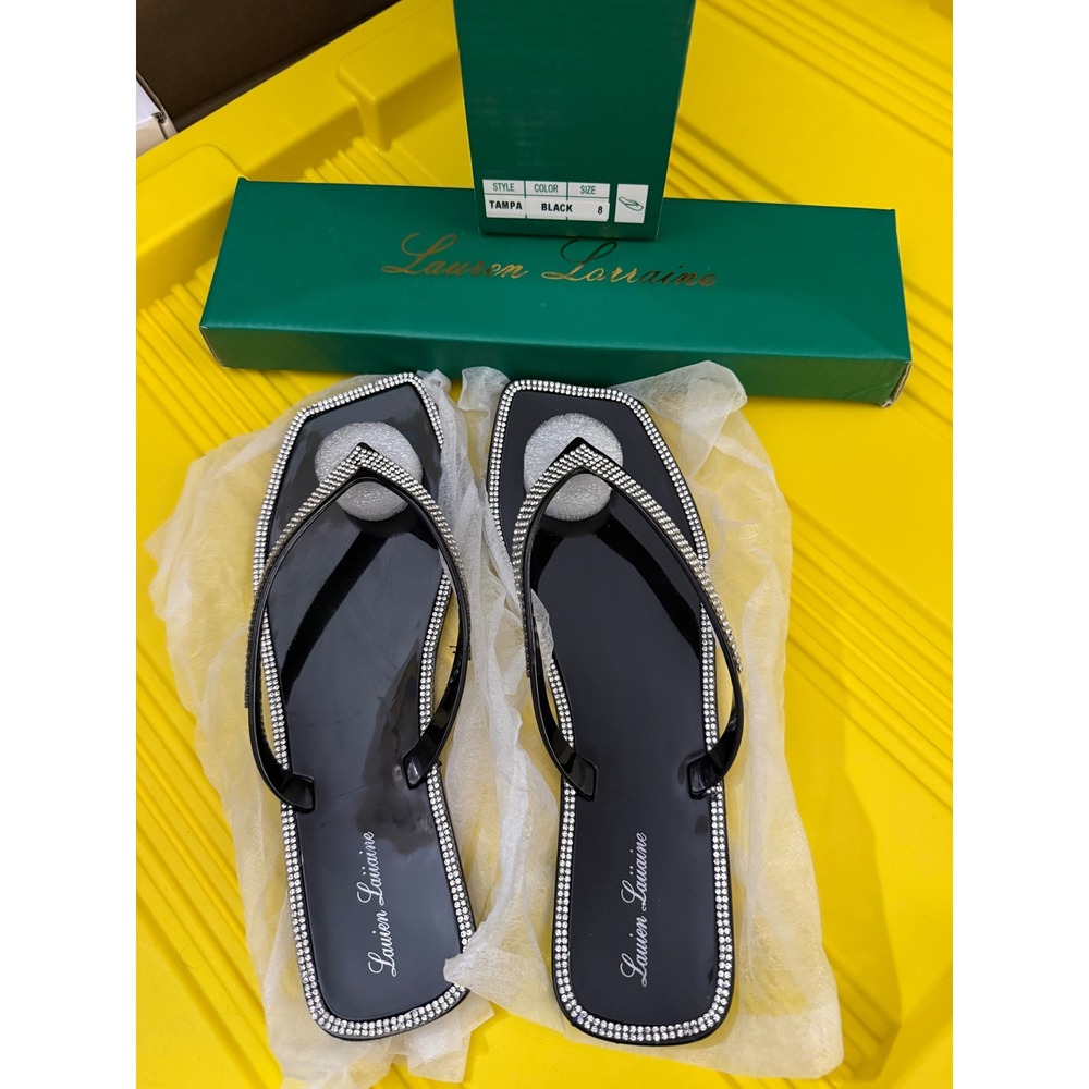 Lauren Lorraine Tampa Black Rhinestone Square Toe Flip Flop Sandals Size 8